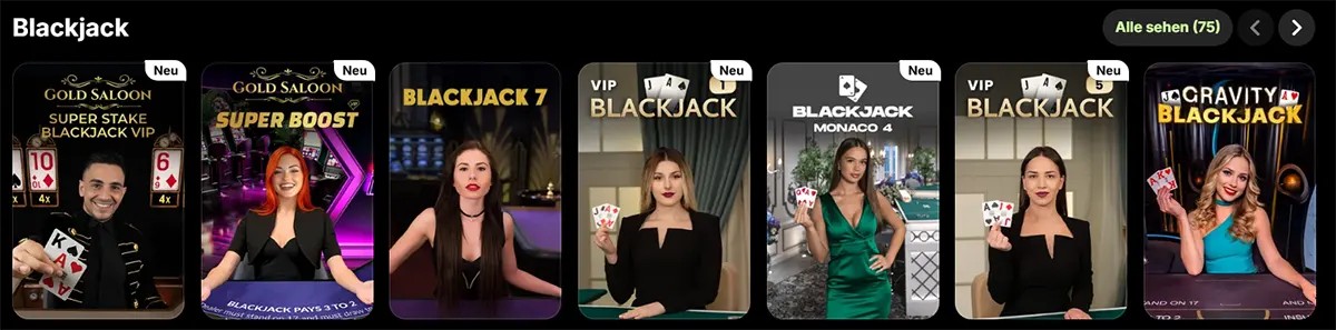 Blackjack games row featuring live dealer titles such as Gold Saloon Super Stake Blackjack VIP, Gold Saloon Super Boost, Blackjack 7, VIP Blackjack, Blackjack Monaco 4, and Gravity Blackjack on a dark casino interfac