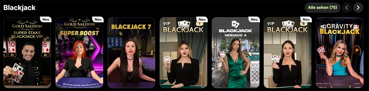 Blackjack games row featuring live dealer titles such as Gold Saloon Super Stake Blackjack VIP, Gold Saloon Super Boost, Blackjack 7, VIP Blackjack, Blackjack Monaco 4, and Gravity Blackjack on a dark casino interfac