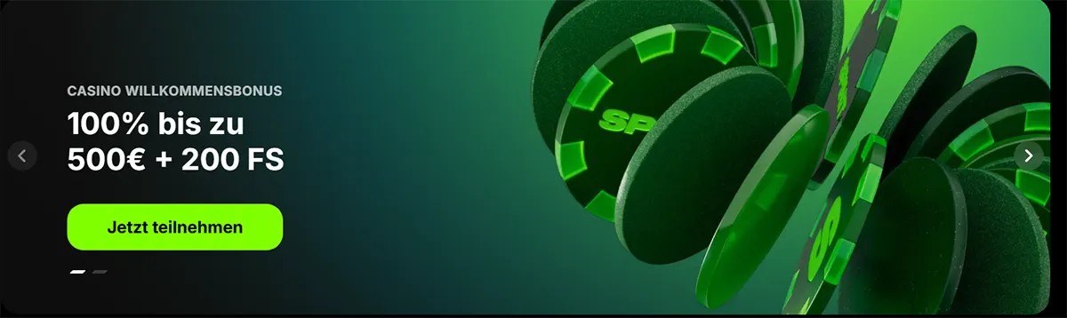 Casino welcome bonus banner showing “100% bis zu 500€ + 200 FS” with a bright green “Jetzt teilnehmen” button and floating green casino chips on a dark background.