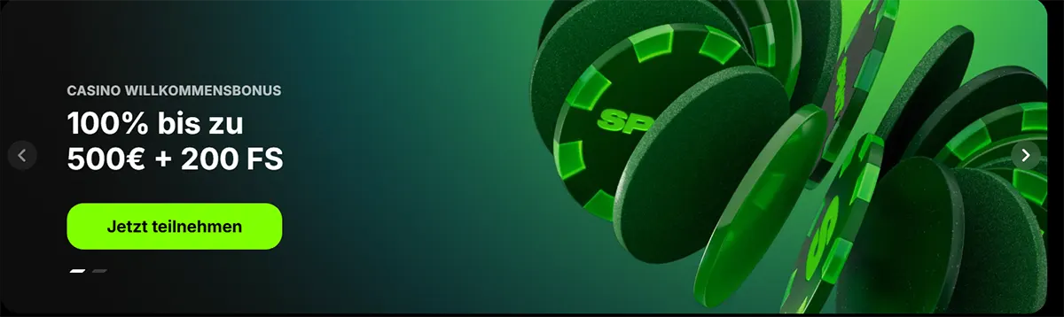Casino welcome bonus banner showing “100% bis zu 500€ + 200 FS” with a bright green “Jetzt teilnehmen” button and floating green casino chips on a dark background.