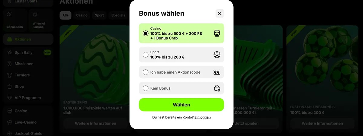 German casino bonus selection popup with options for a casino bonus, sports bonus, promo code, or no bonus, plus a bright green “Wählen” button over a darkened promotions page.