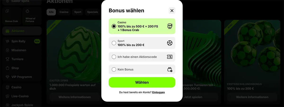 German casino bonus selection popup with options for a casino bonus, sports bonus, promo code, or no bonus, plus a bright green “Wählen” button over a darkened promotions page.